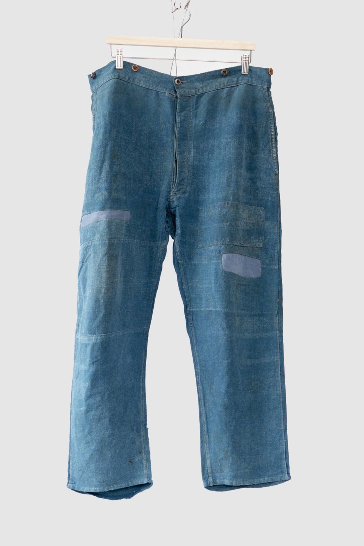 20er Jahre französische Vintage-Indigo-Leinen-Arbeitshose PatchWork