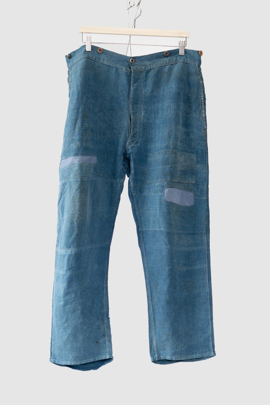 20er Jahre französische Vintage-Indigo-Leinen-Arbeitshose PatchWork