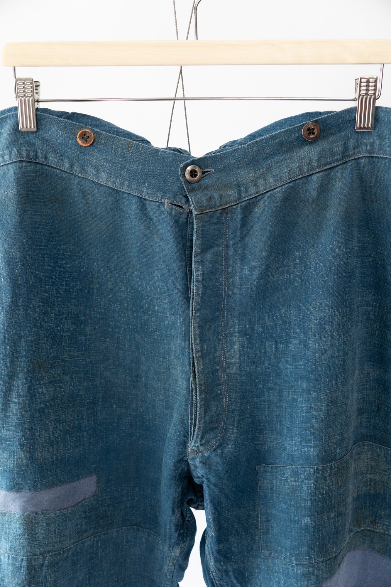 20er Jahre französische Vintage-Indigo-Leinen-Arbeitshose PatchWork