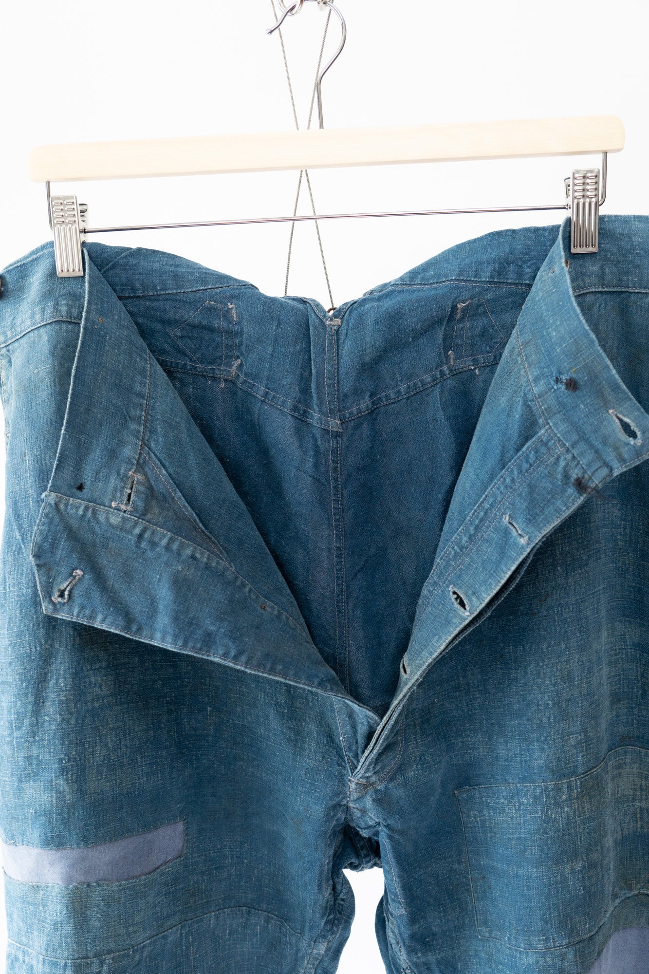 20er Jahre französische Vintage-Indigo-Leinen-Arbeitshose PatchWork