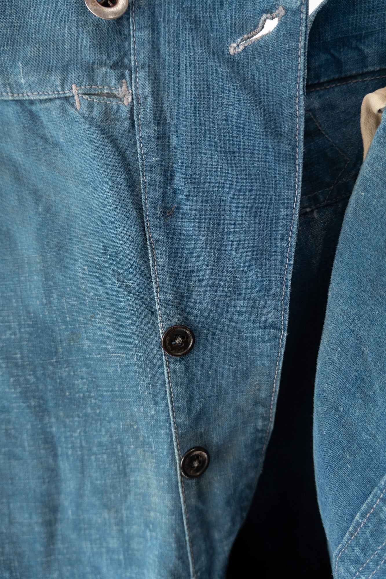 20er Jahre französische Vintage-Indigo-Leinen-Arbeitshose PatchWork