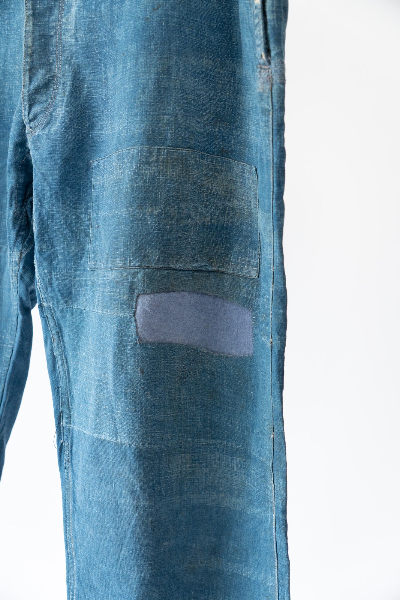 20er Jahre französische Vintage-Indigo-Leinen-Arbeitshose PatchWork