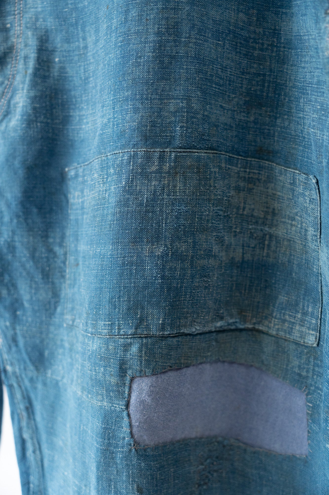 20er Jahre französische Vintage-Indigo-Leinen-Arbeitshose PatchWork