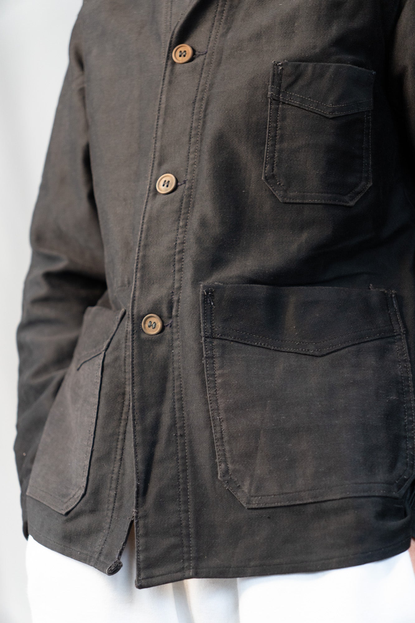 ~30er Jahre Französische Arbeitsjacke aus schwarzem leichtem Moleskin „4 Buttons”