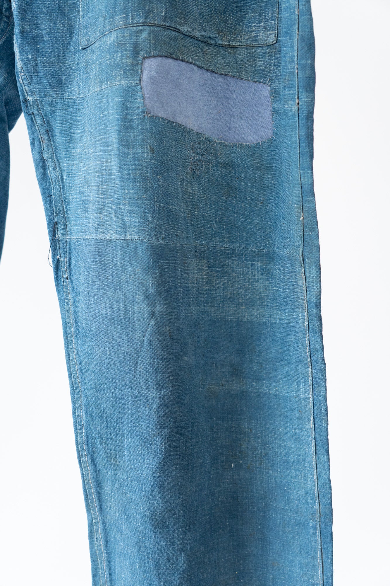 20er Jahre französische Vintage-Indigo-Leinen-Arbeitshose PatchWork