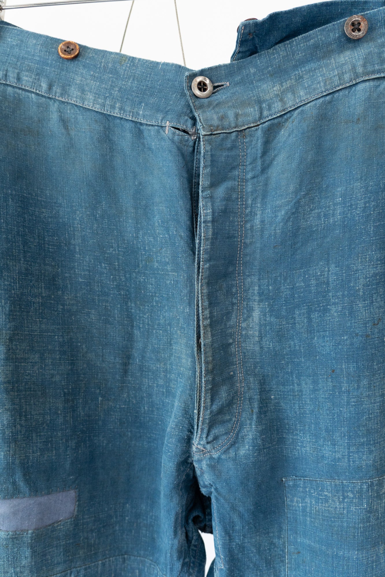 20er Jahre französische Vintage-Indigo-Leinen-Arbeitshose PatchWork
