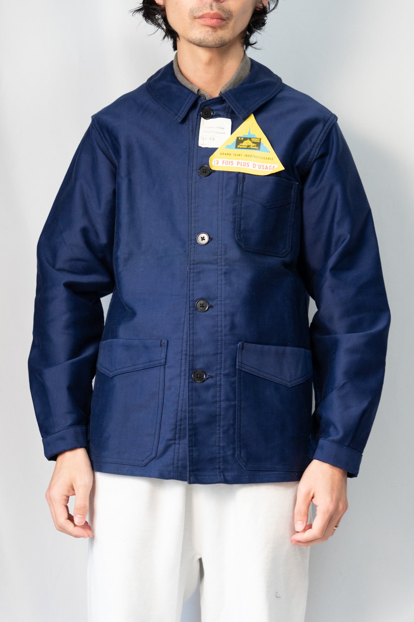 Veste de travail française en moleskine bleue des années 40 « Le Mont St Mitchel » Deadstock taille 44
