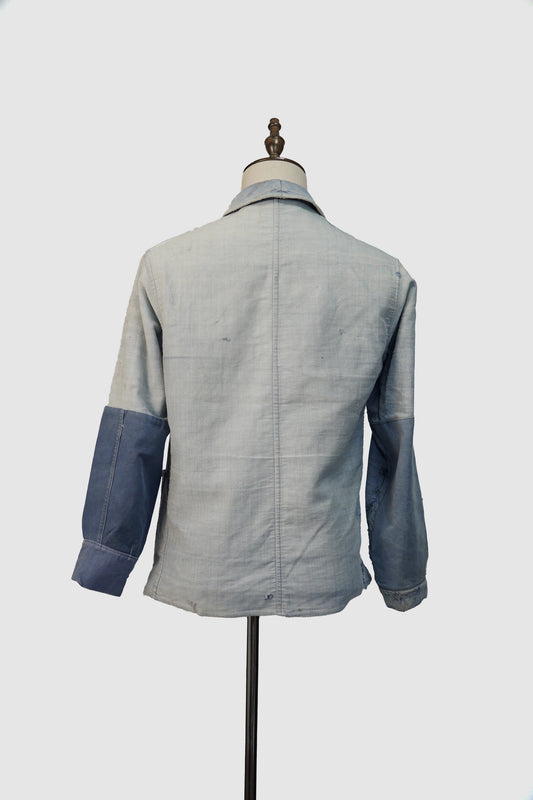 30s French Work Blue Light Moleskin Jacket Patched Faded