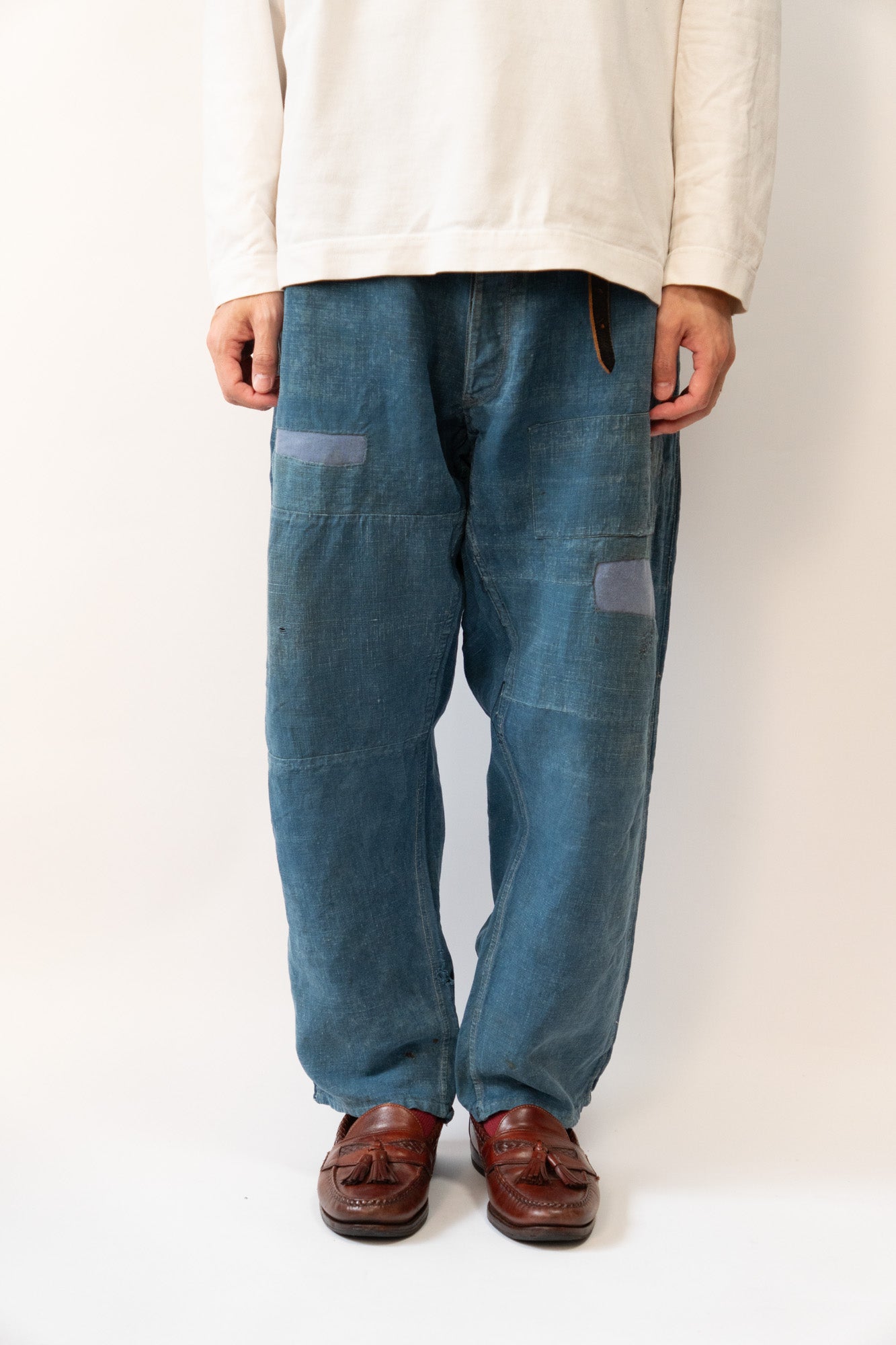20er Jahre französische Vintage-Indigo-Leinen-Arbeitshose PatchWork