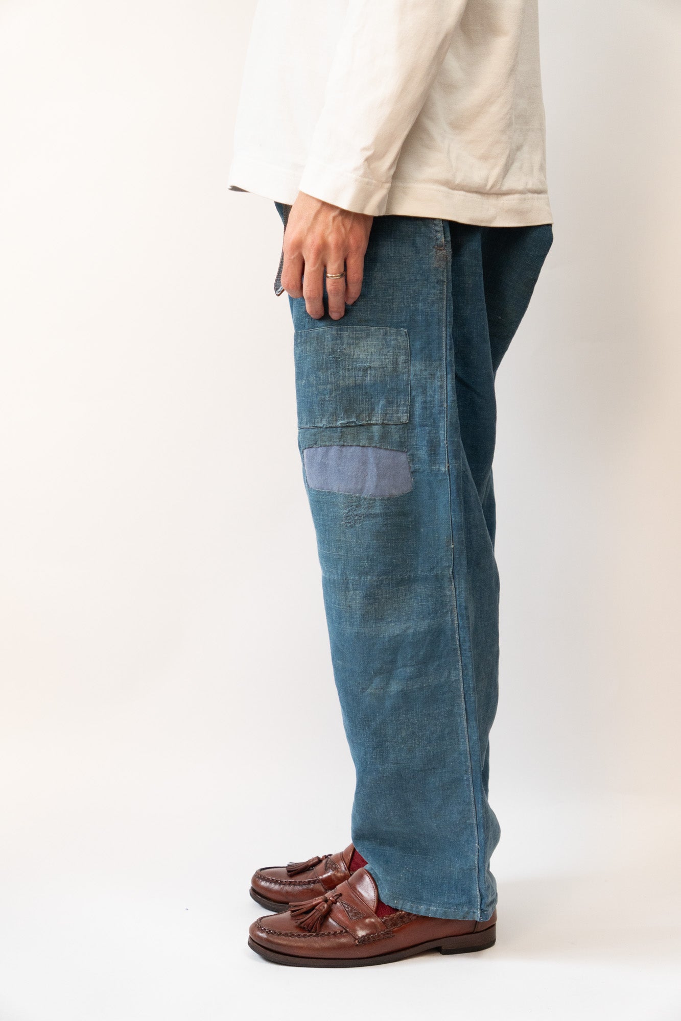 20er Jahre französische Vintage-Indigo-Leinen-Arbeitshose PatchWork