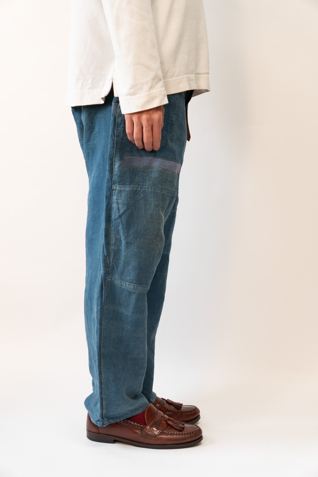 20er Jahre französische Vintage-Indigo-Leinen-Arbeitshose PatchWork
