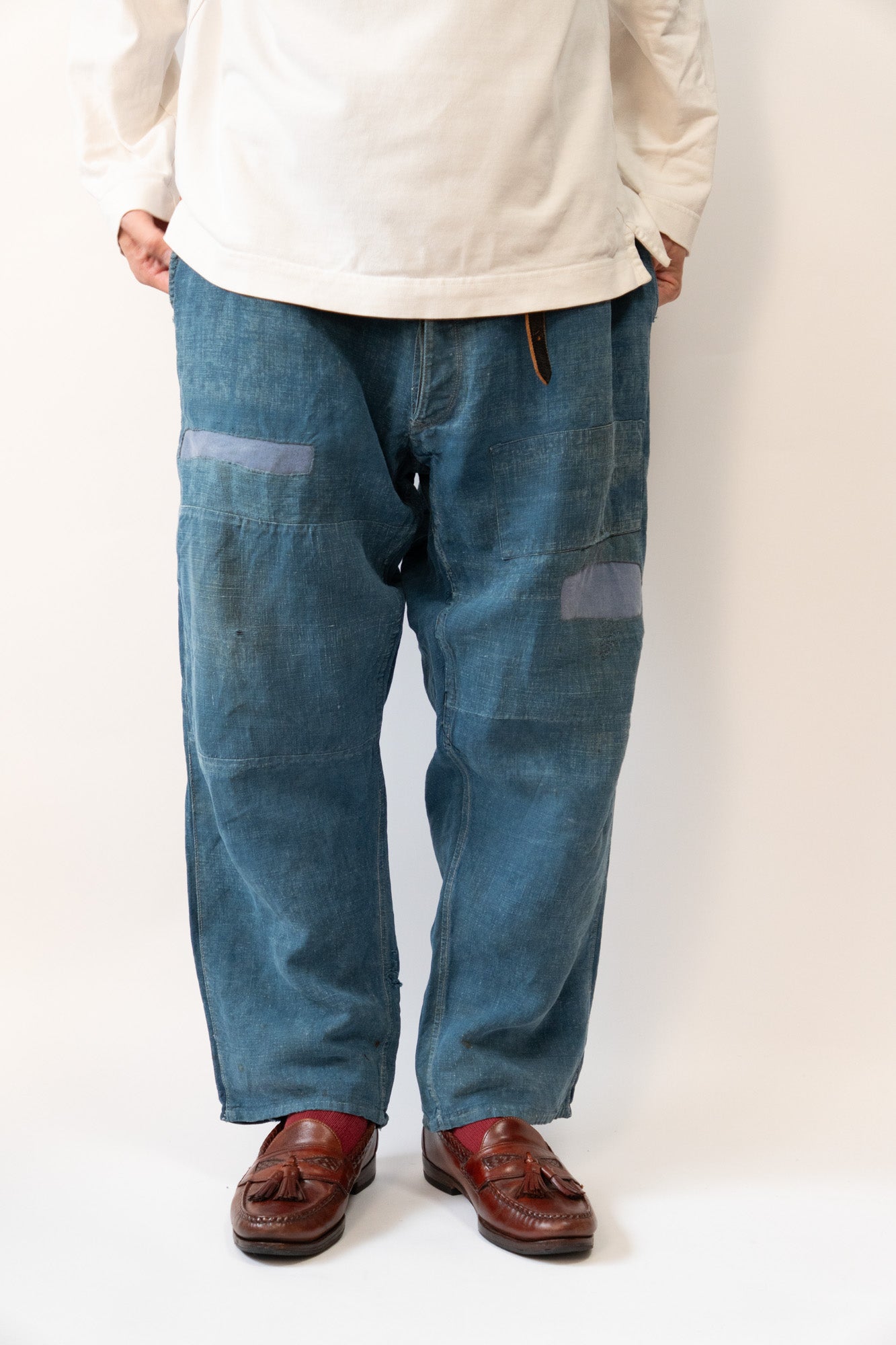 20er Jahre französische Vintage-Indigo-Leinen-Arbeitshose PatchWork