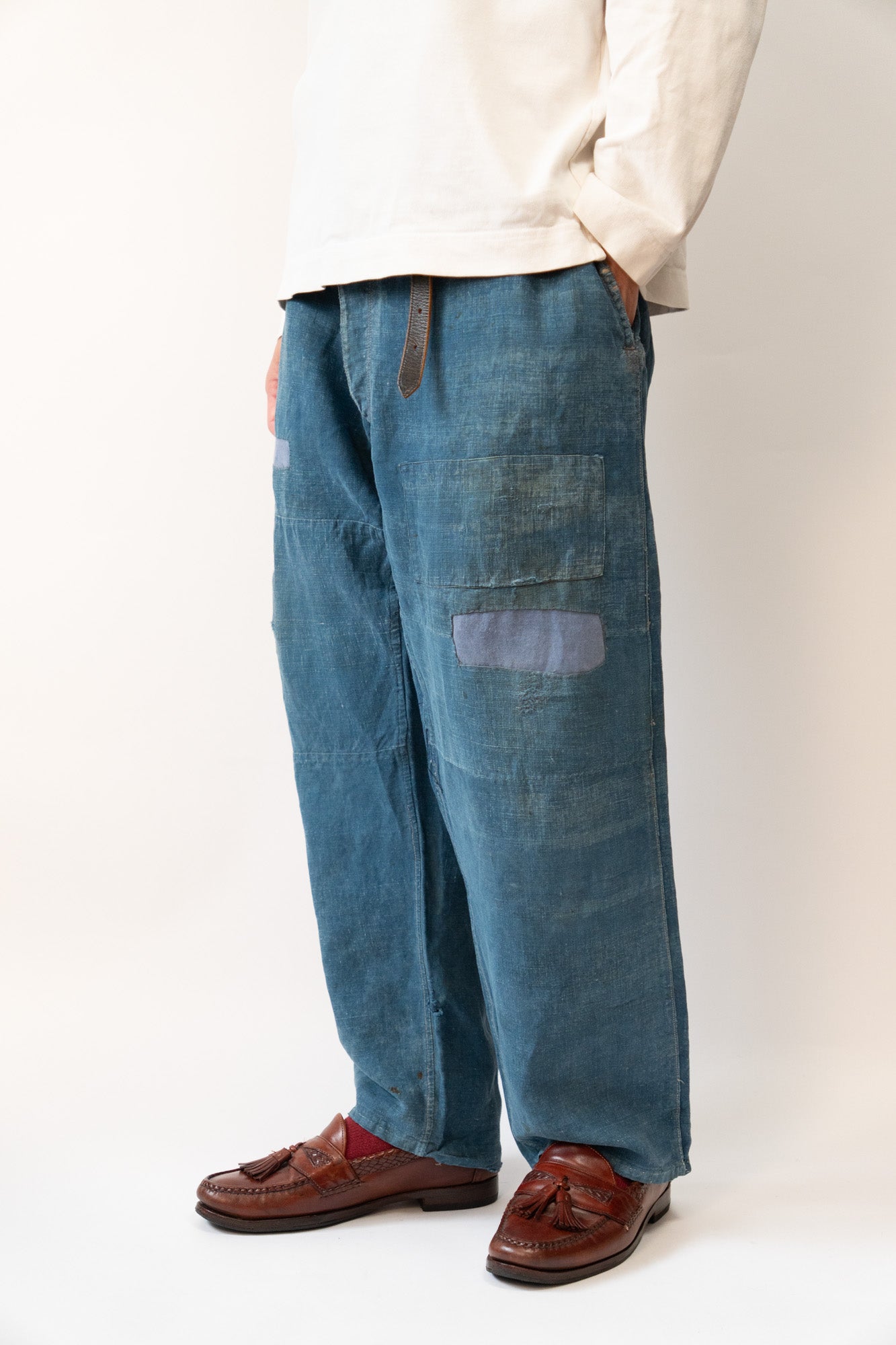 20er Jahre französische Vintage-Indigo-Leinen-Arbeitshose PatchWork