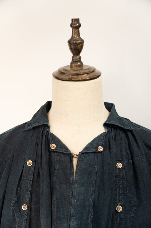 1900s French Work Indigo Linen Biaude Smock