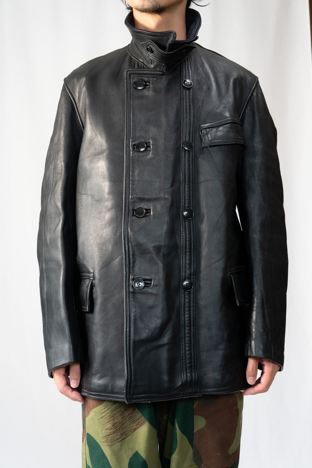 Veste en cuir vintage française Corbusier des années 40-50 « CNET » avec jugulaire