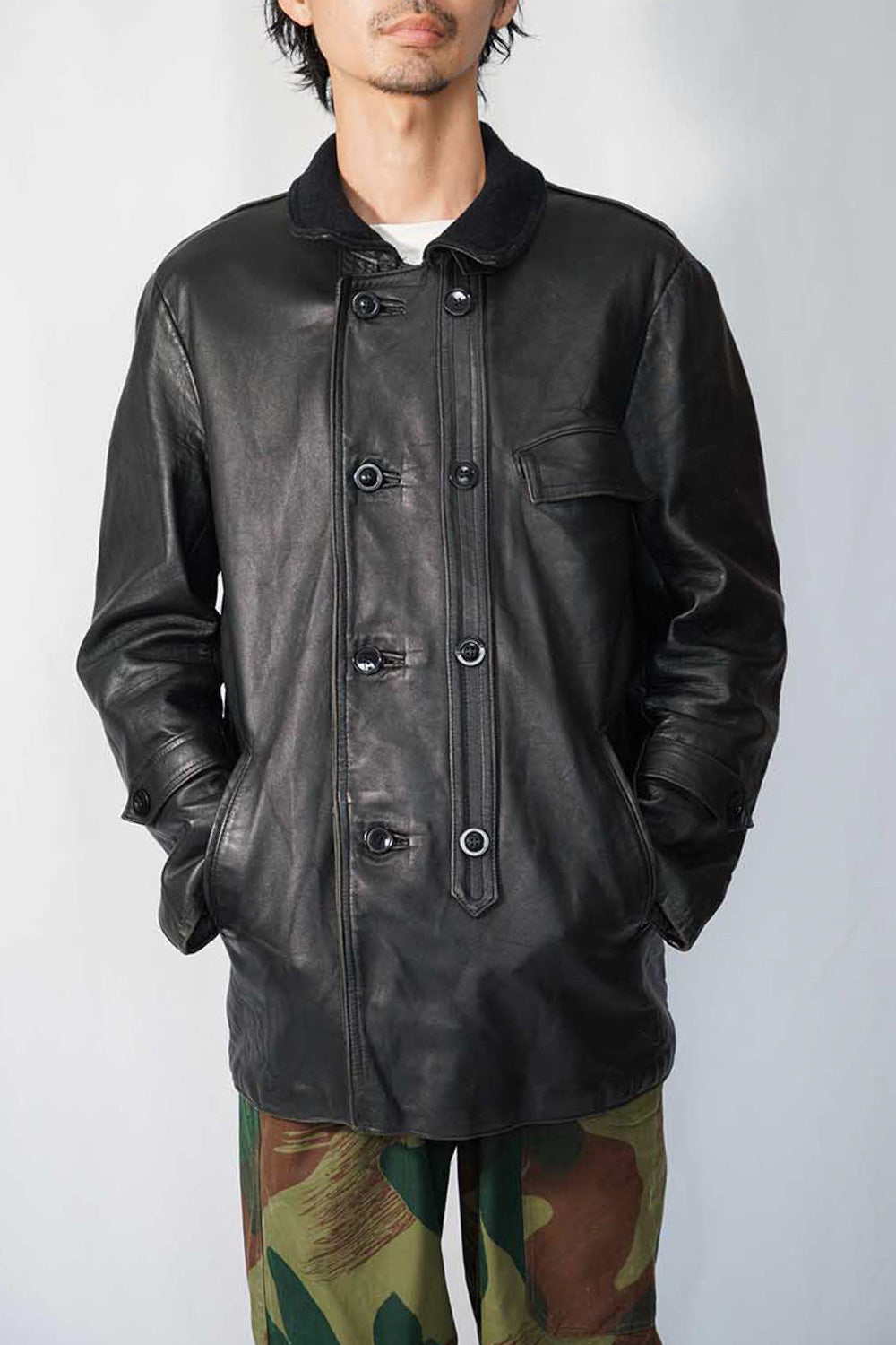 Veste en cuir vintage française Corbusier des années 70-80 « EDF » avec jugulaire