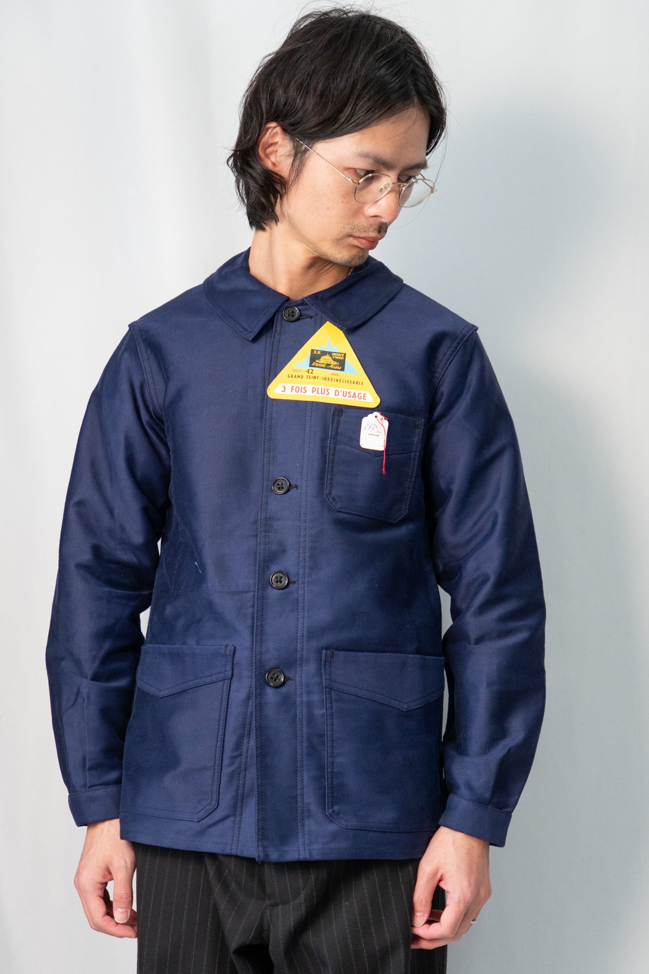 Veste en moleskine bleue French Work des années 40 « Le Mont St Mitchel » Deadstock taille 42