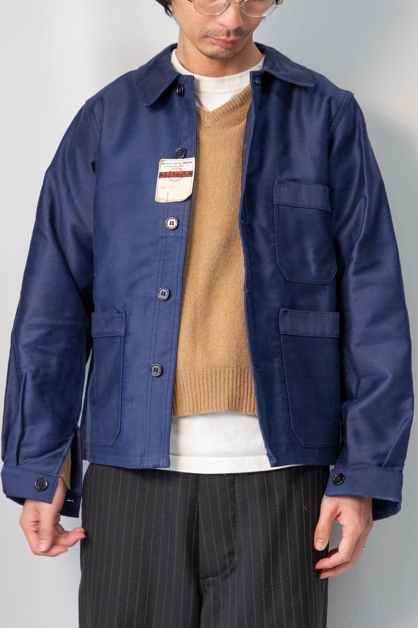 Veste en moleskine bleue française des années 40 « CREPIER » DEADSTOCK