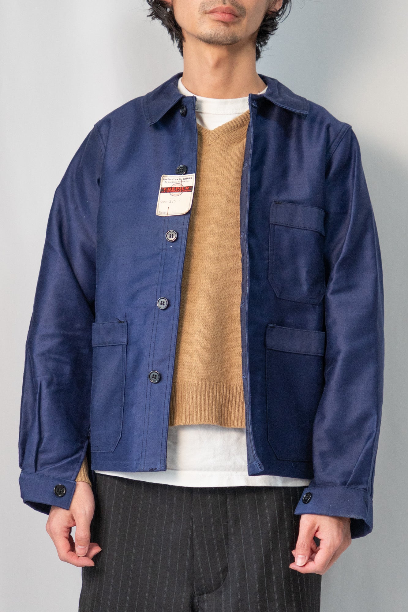 Veste en moleskine bleue française des années 40 « CREPIER » DEADSTOCK