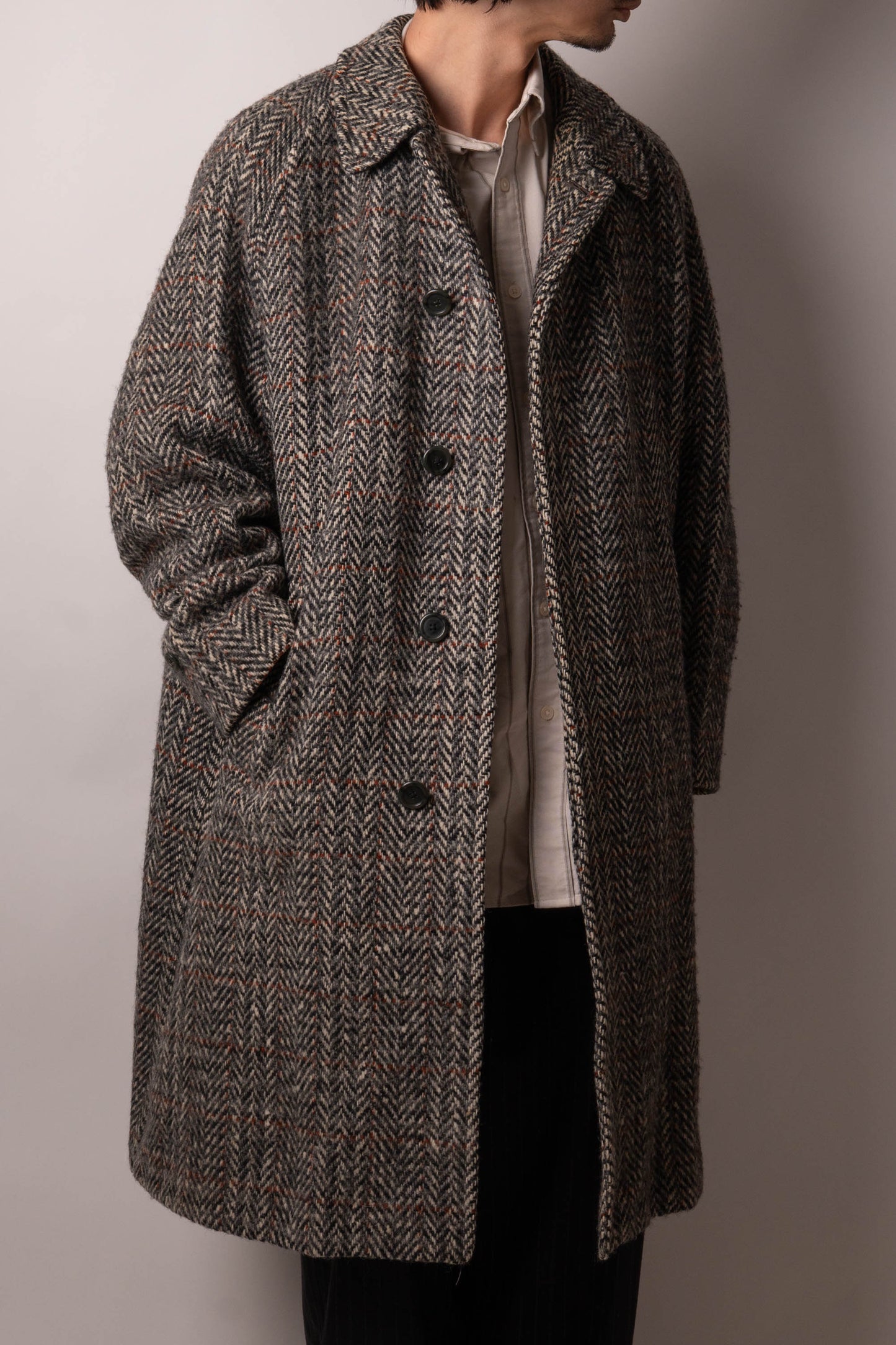 80s burberry irish tweed single panel sleeve balmacaan coat