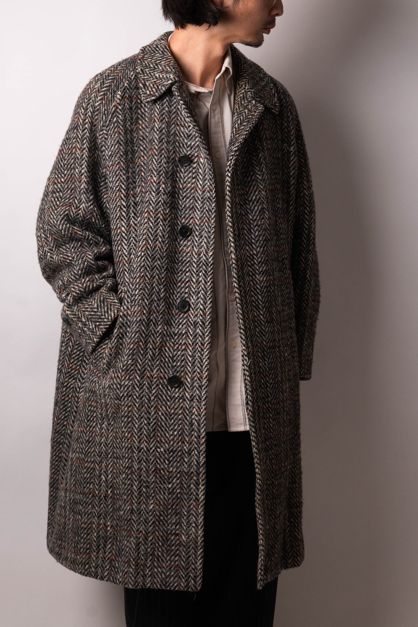 80s burberry irish tweed single panel sleeve balmacaan coat