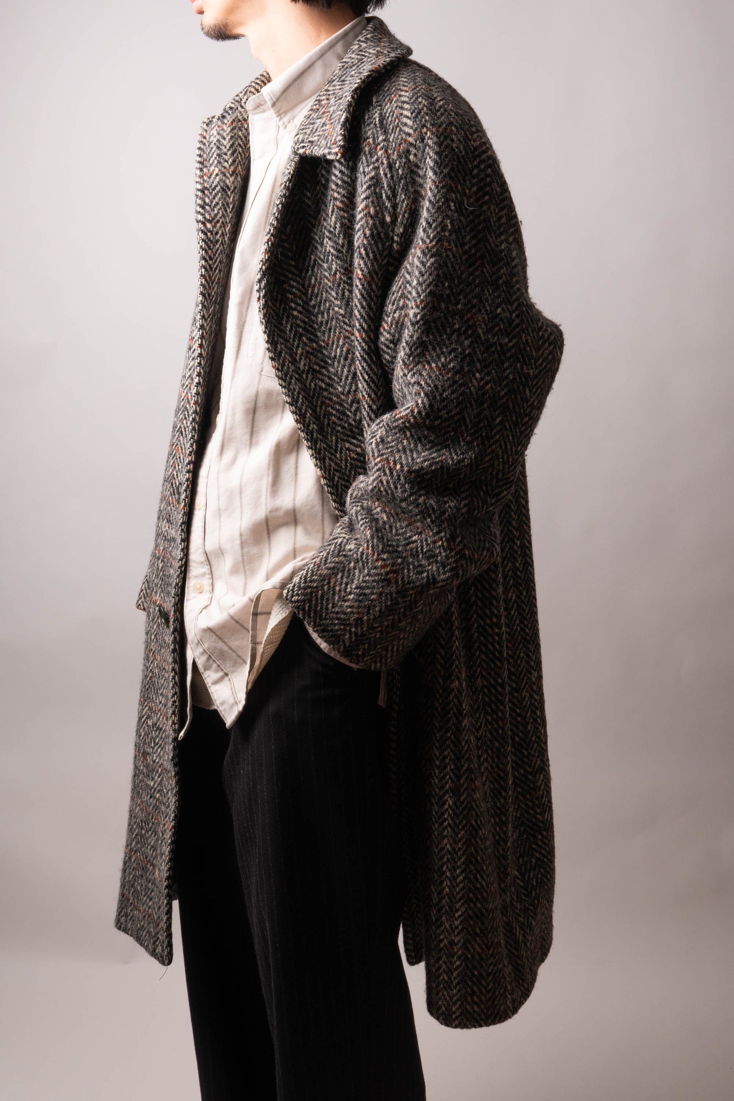 80s burberry irish tweed single panel sleeve balmacaan coat