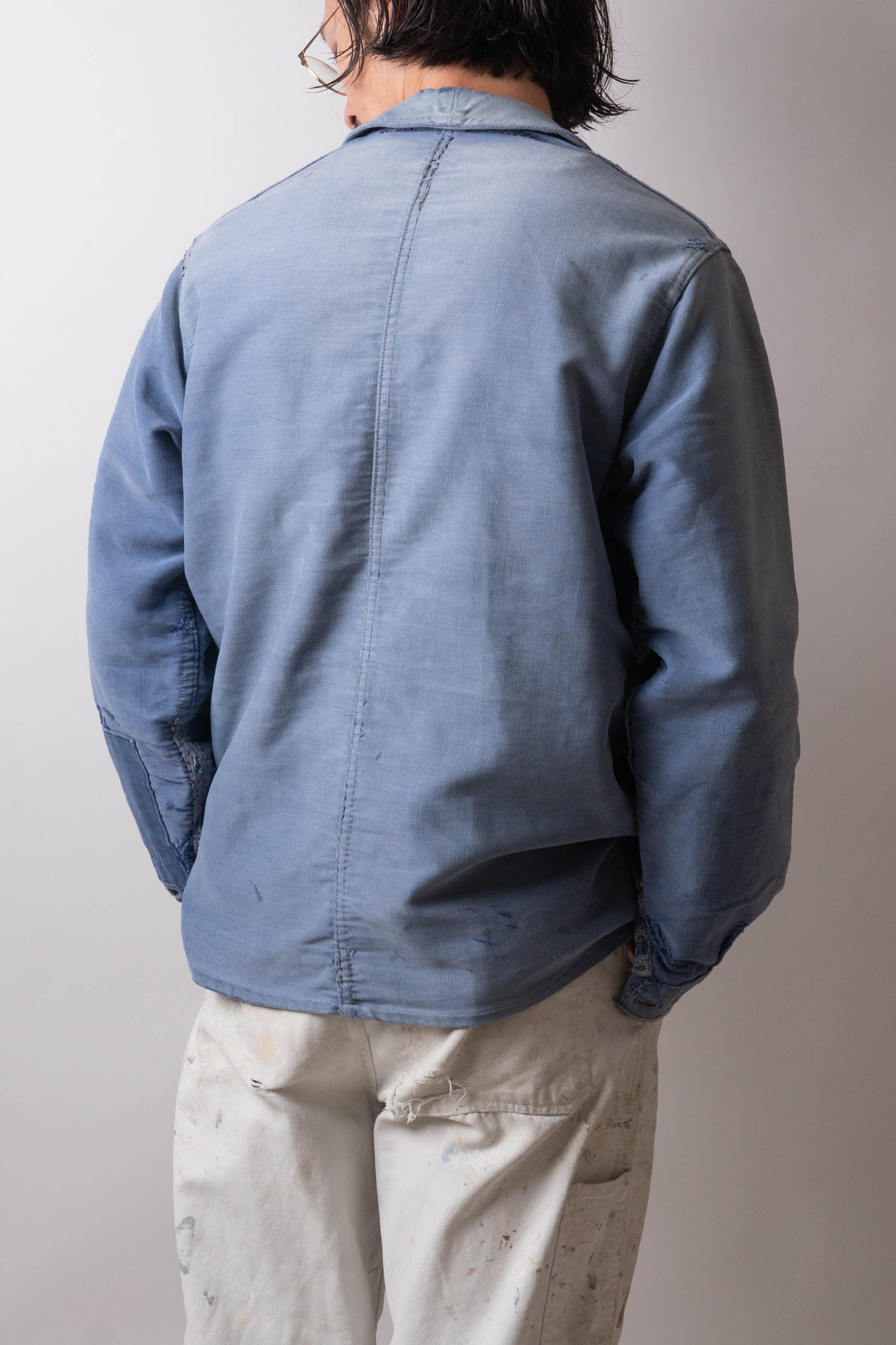 50s French Work Blue Moleskin Jacket hand repair