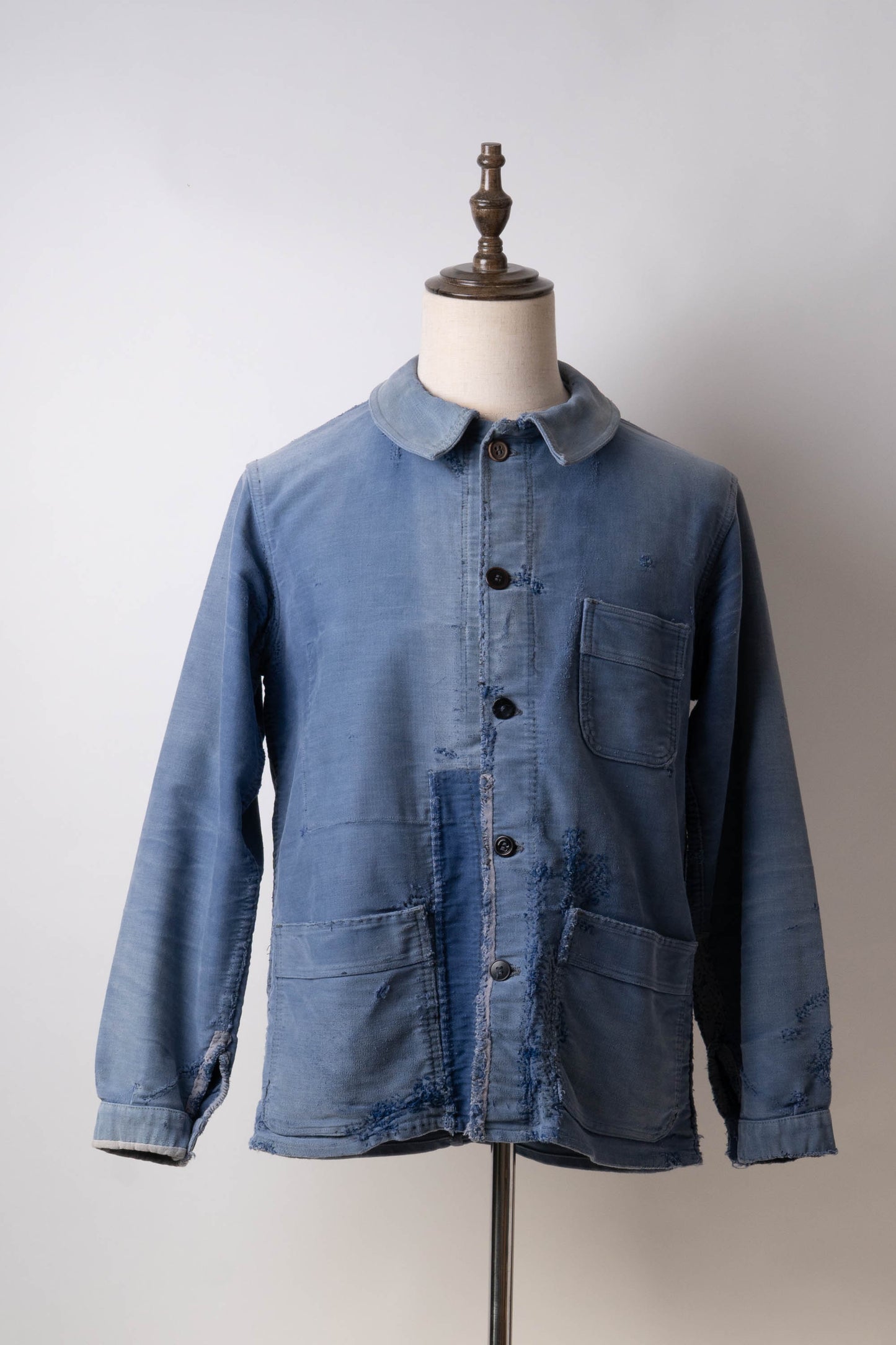 50s French Work Blue Moleskin Jacket hand repair