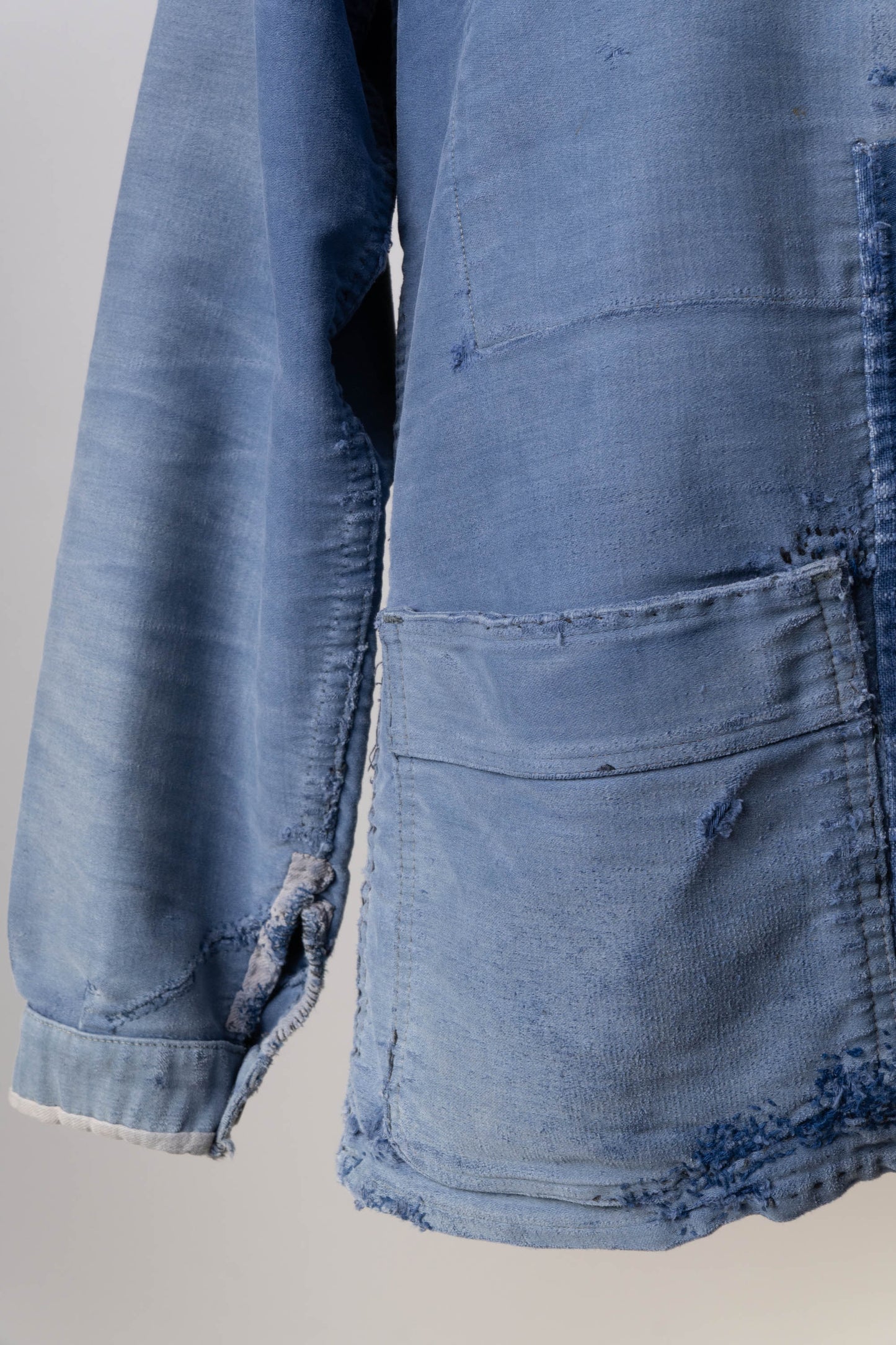50s French Work Blue Moleskin Jacket hand repair