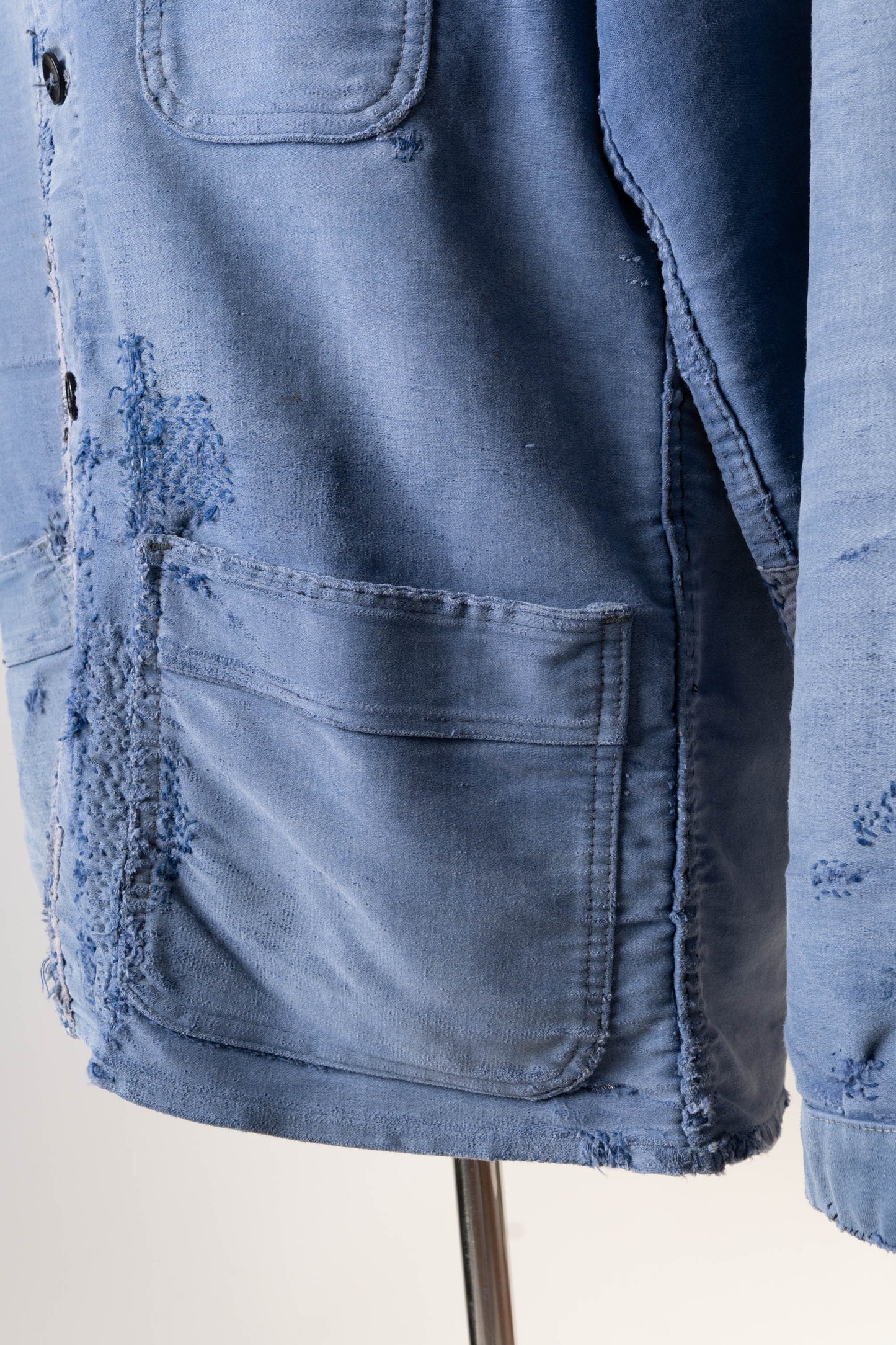 50s French Work Blue Moleskin Jacket hand repair