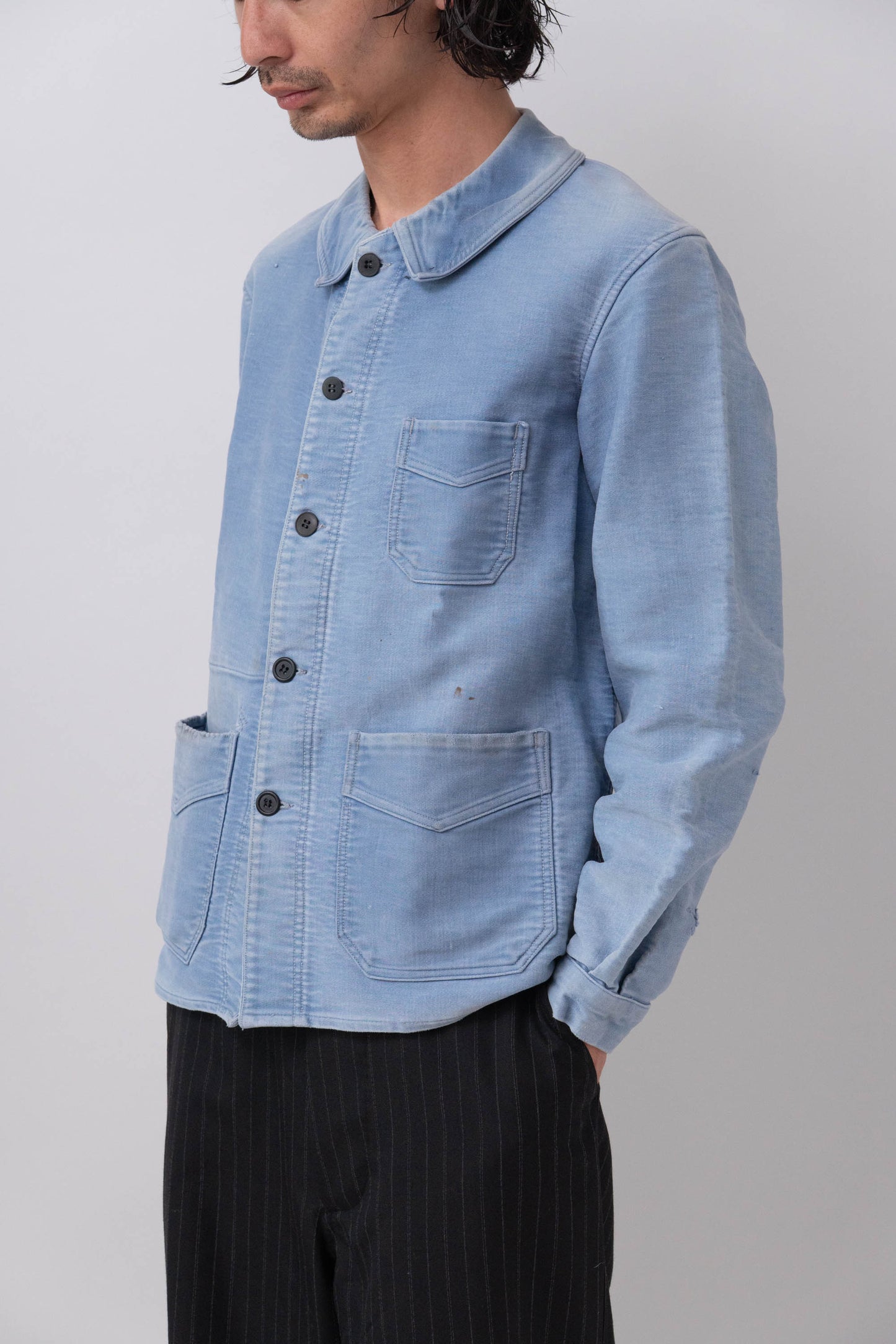 40s french work blue moleskin jacket good fade
