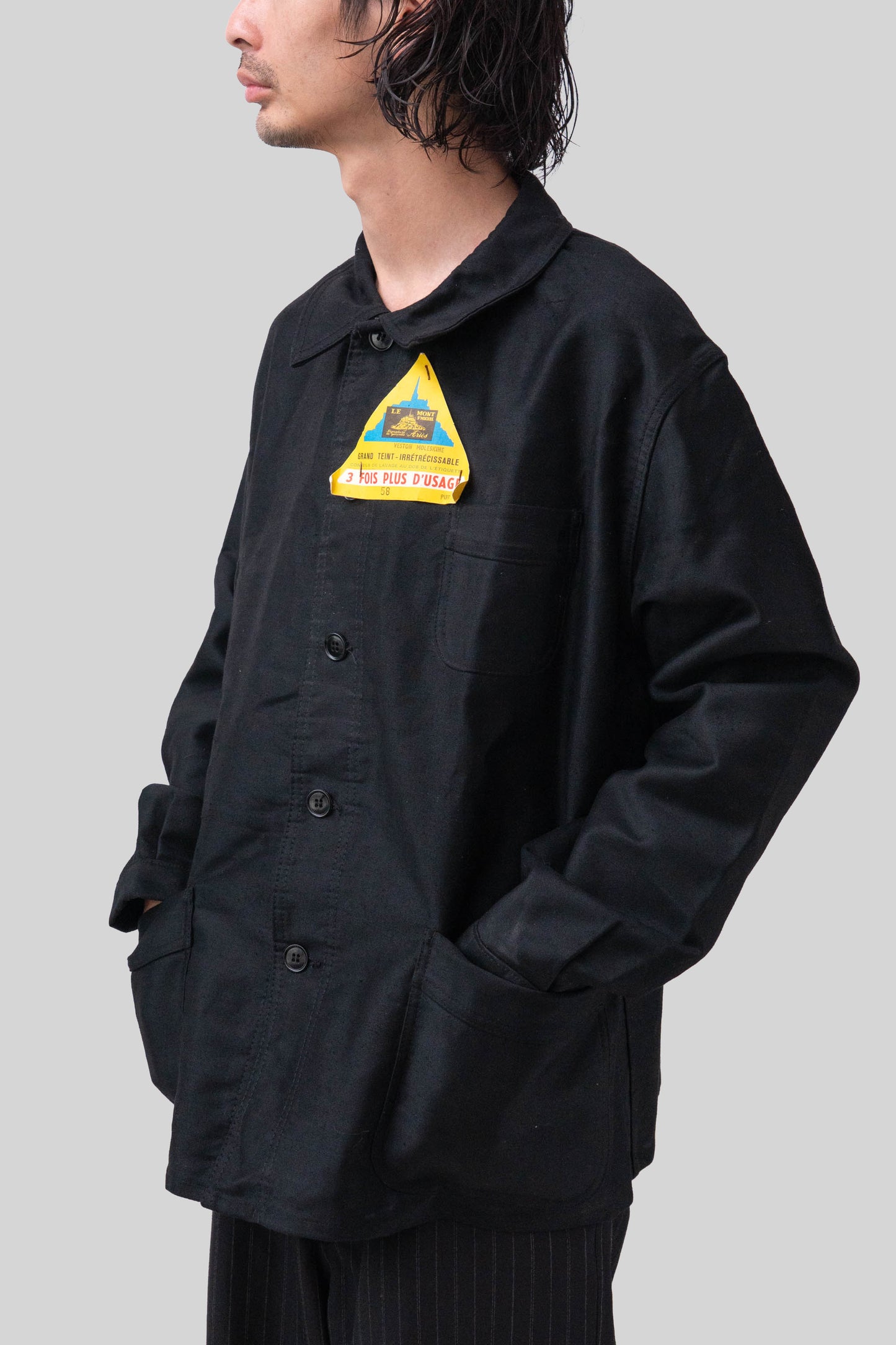 50s French Work Black Moleskin Jacket "Le Mont St Michel"size58 deadstock