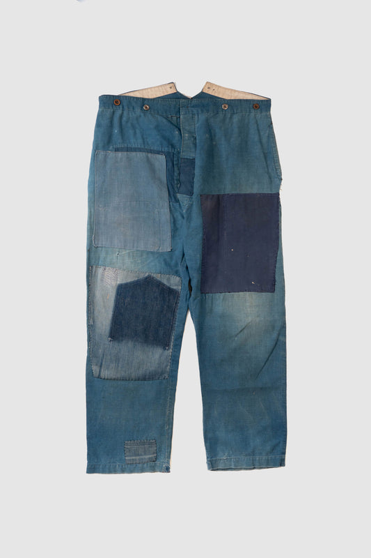 20er Jahre FRANZÖSISCHE ARBEITSHOSE AUS INDIGO-LEINEN MIT PATCHWORK