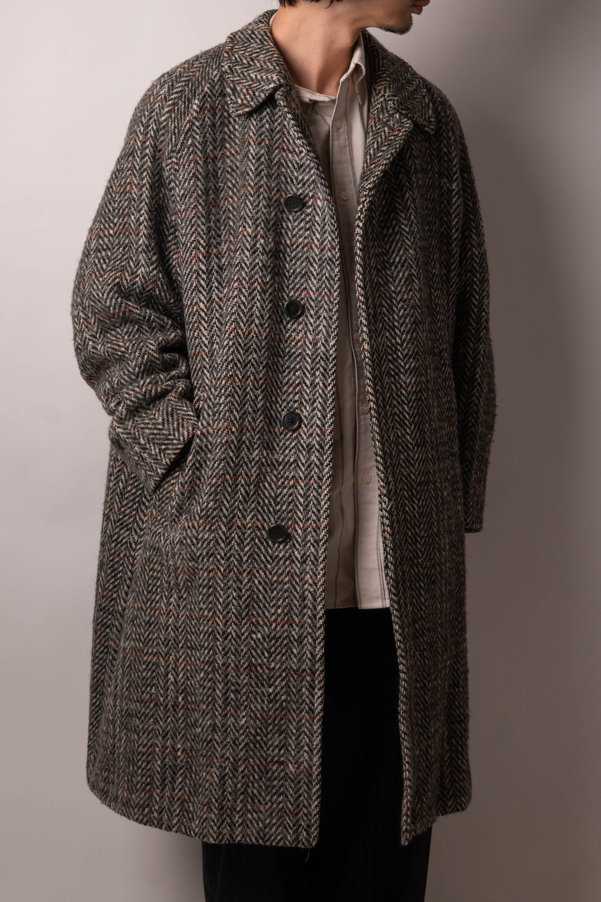 80s burberry irish tweed single panel sleeve balmacaan coat
