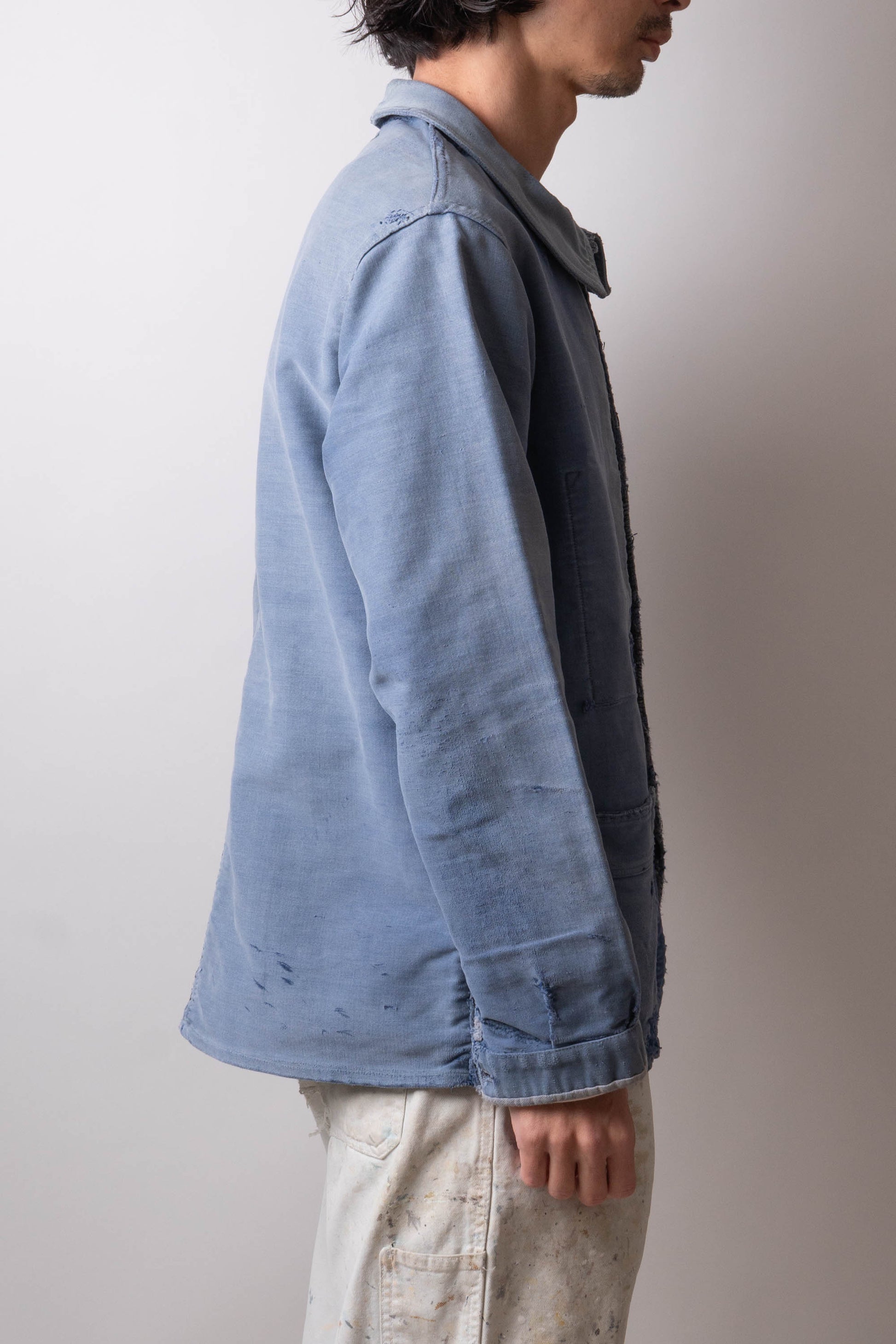 50s French Work Blue Moleskin Jacket hand repair