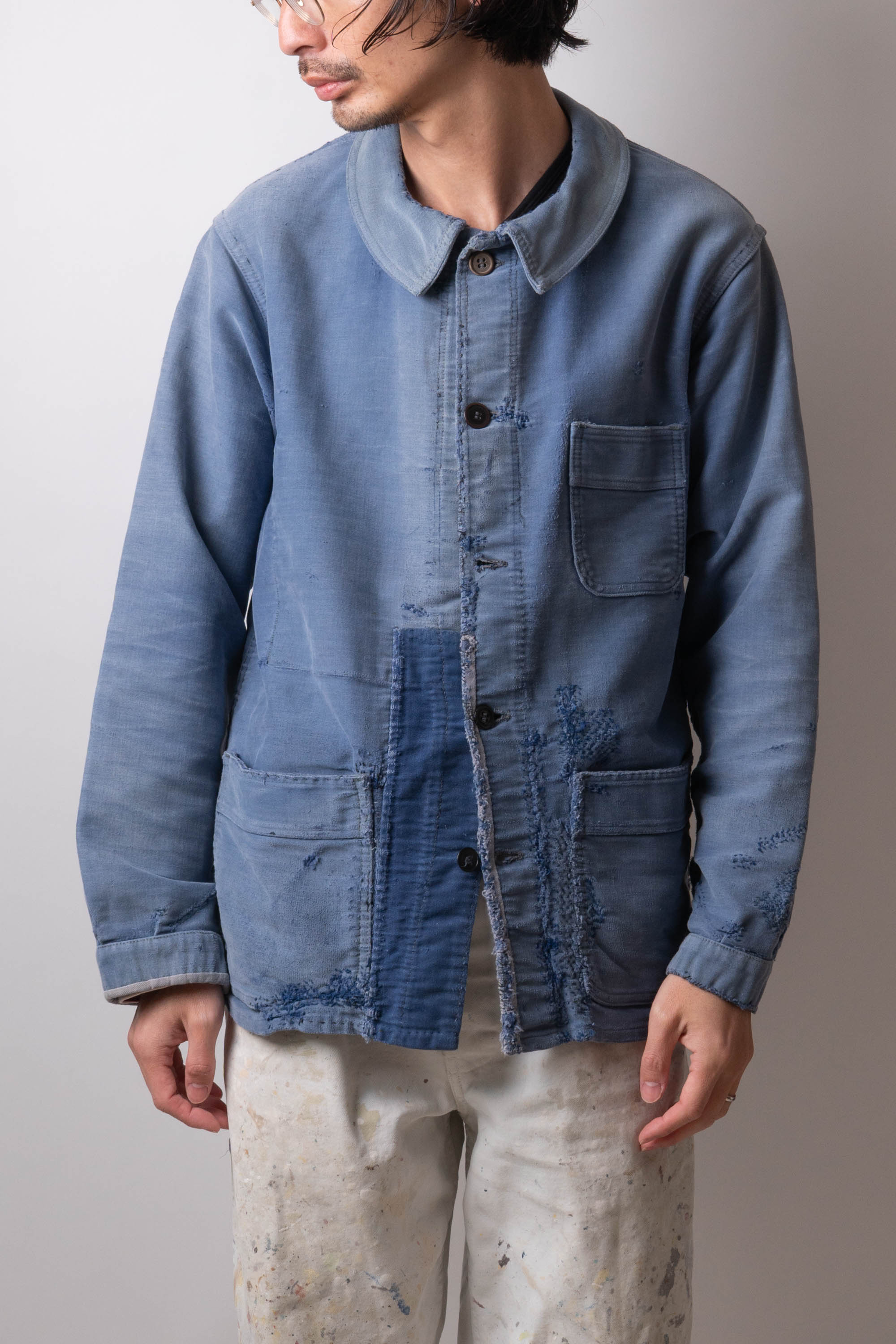 50s French Work Blue Moleskin Jacket hand repair – edeak vintage