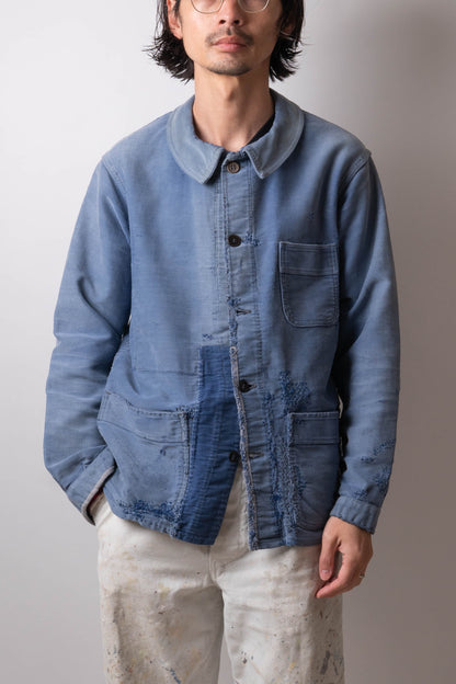 50s French Work Blue Moleskin Jacket hand repair