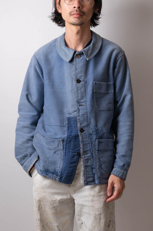 50s French Work Blue Moleskin Jacket hand repair