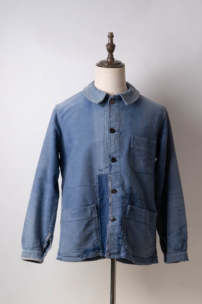 50s French Work Blue Moleskin Jacket hand repair