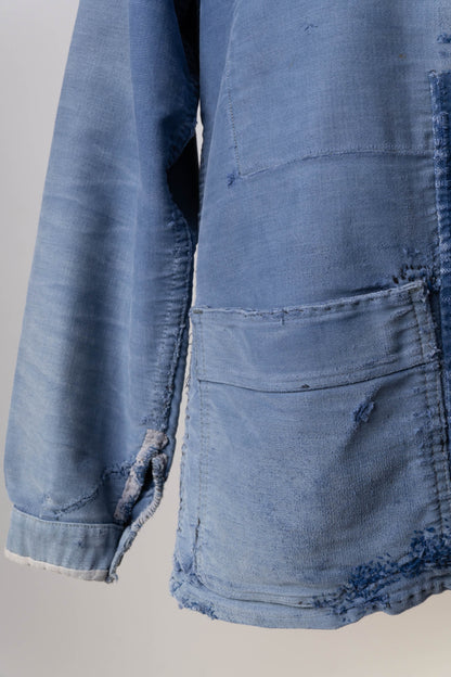 50s French Work Blue Moleskin Jacket hand repair
