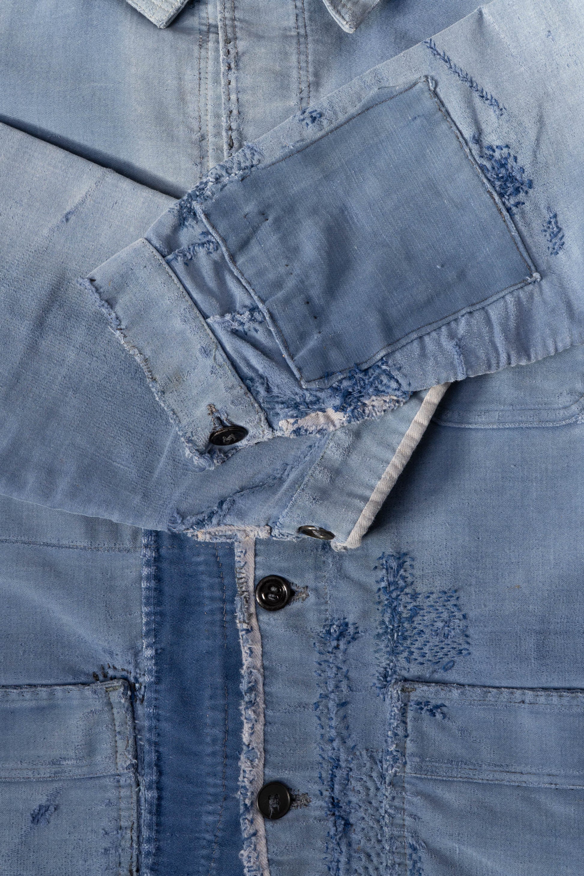 50s French Work Blue Moleskin Jacket hand repair