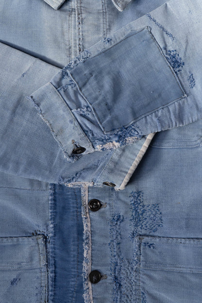 50s French Work Blue Moleskin Jacket hand repair