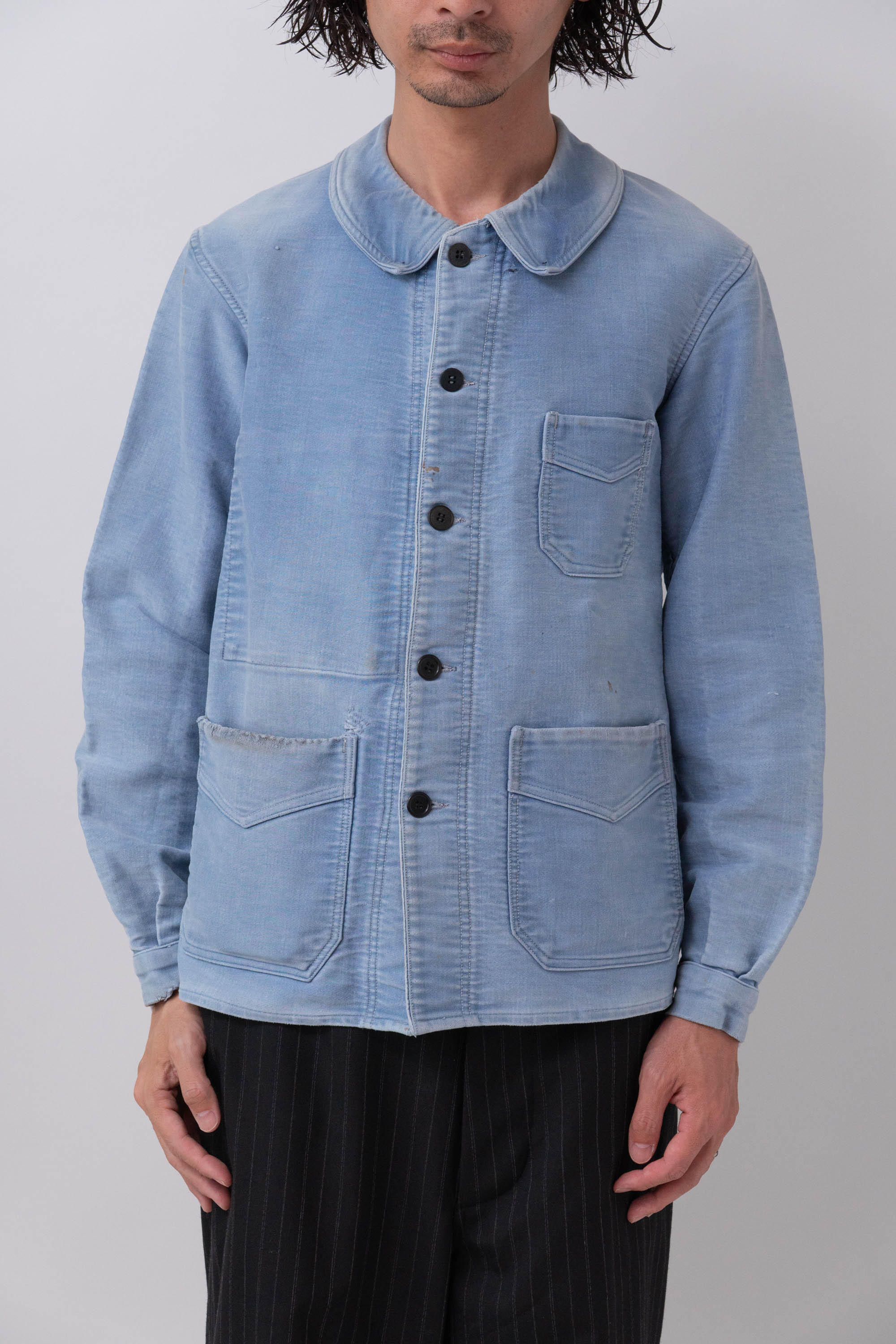 40s french work blue moleskin jacket good fade – edeak vintage