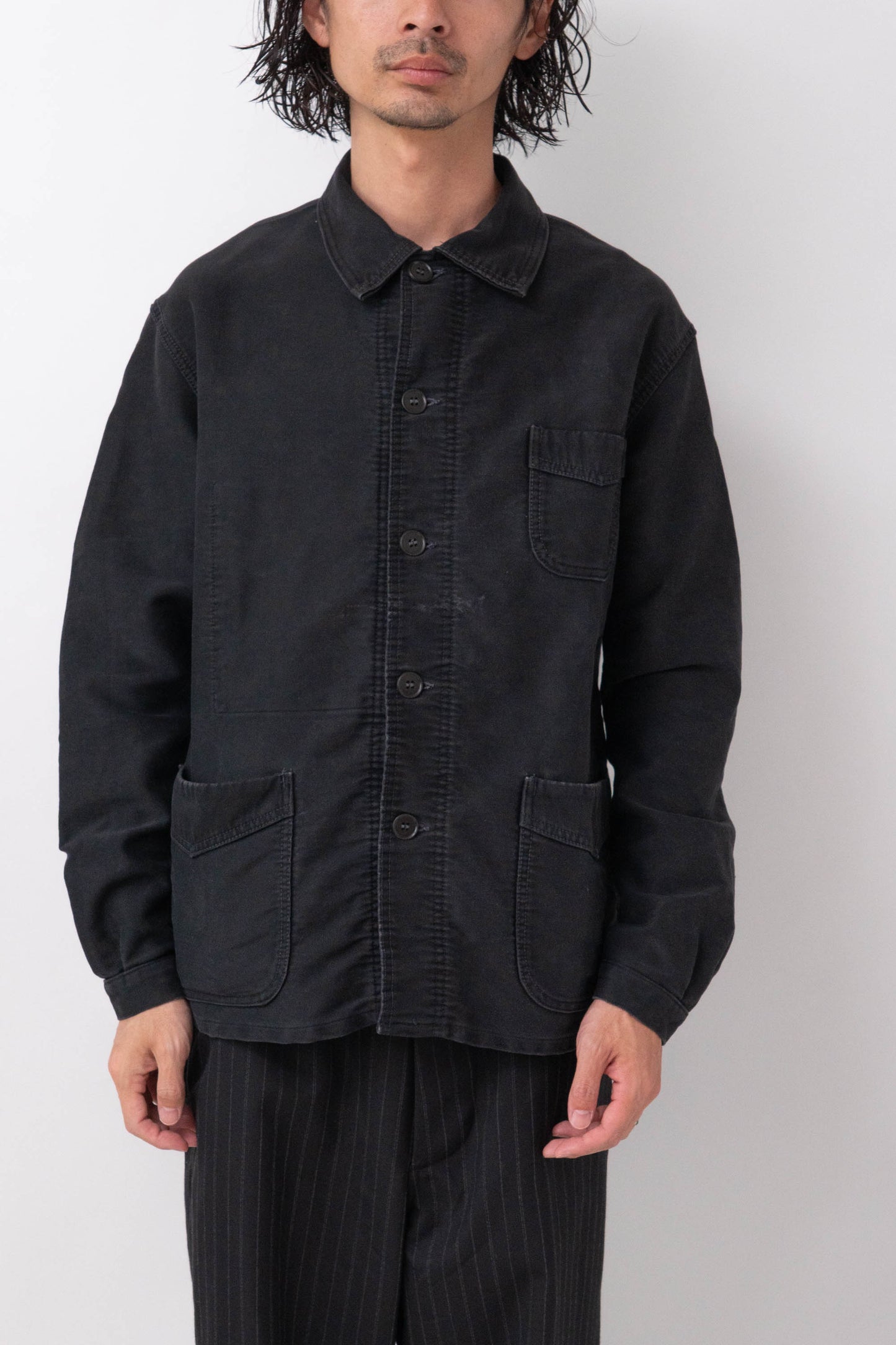 ~50s French Work Black Moleskin Jacket "Le Mont St Michel"size52