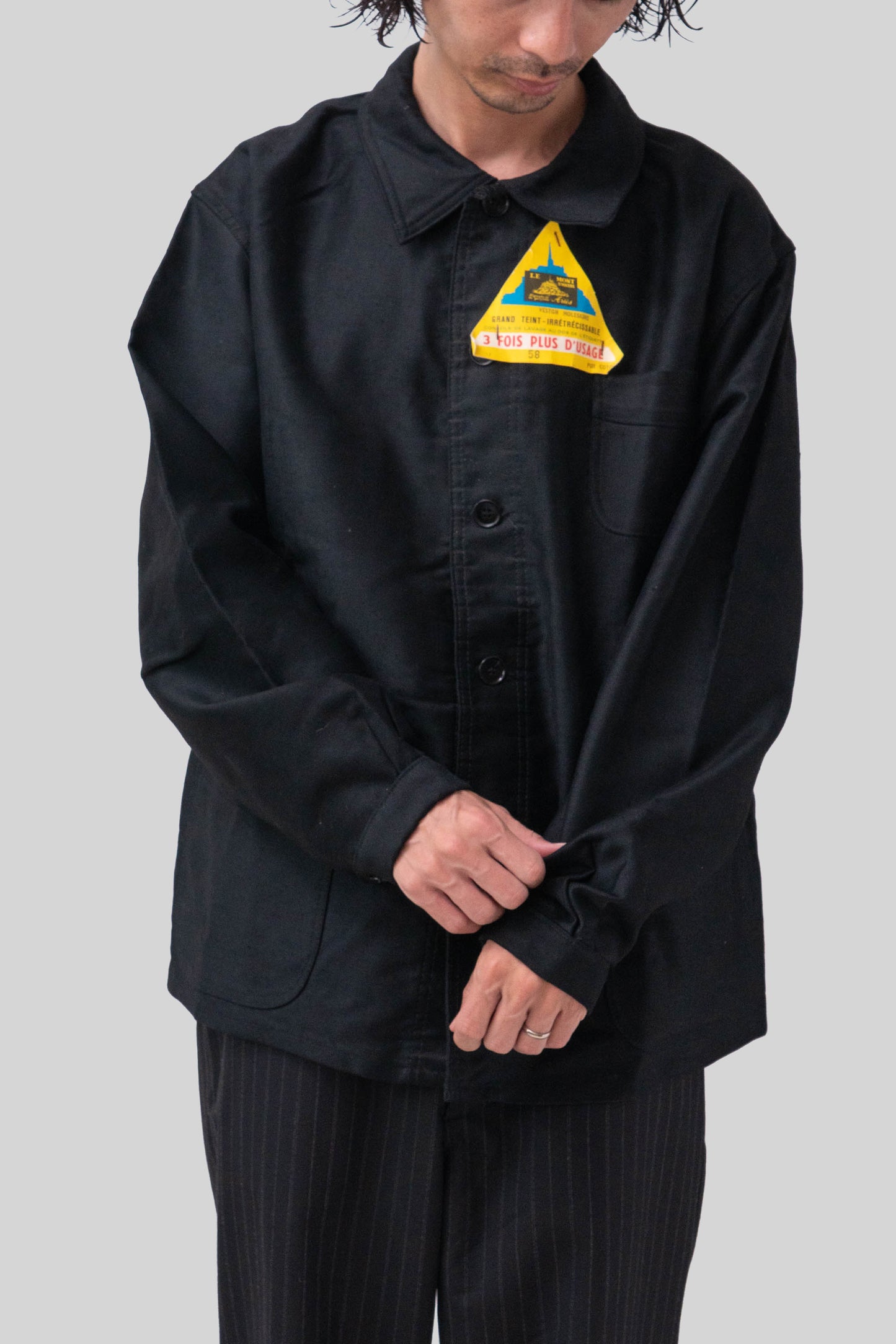50s French Work Black Moleskin Jacket "Le Mont St Michel"size58 deadstock