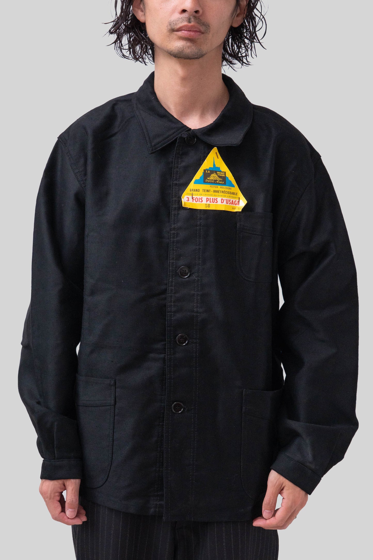 50s French Work Black Moleskin Jacket "Le Mont St Michel"size58 deadstock