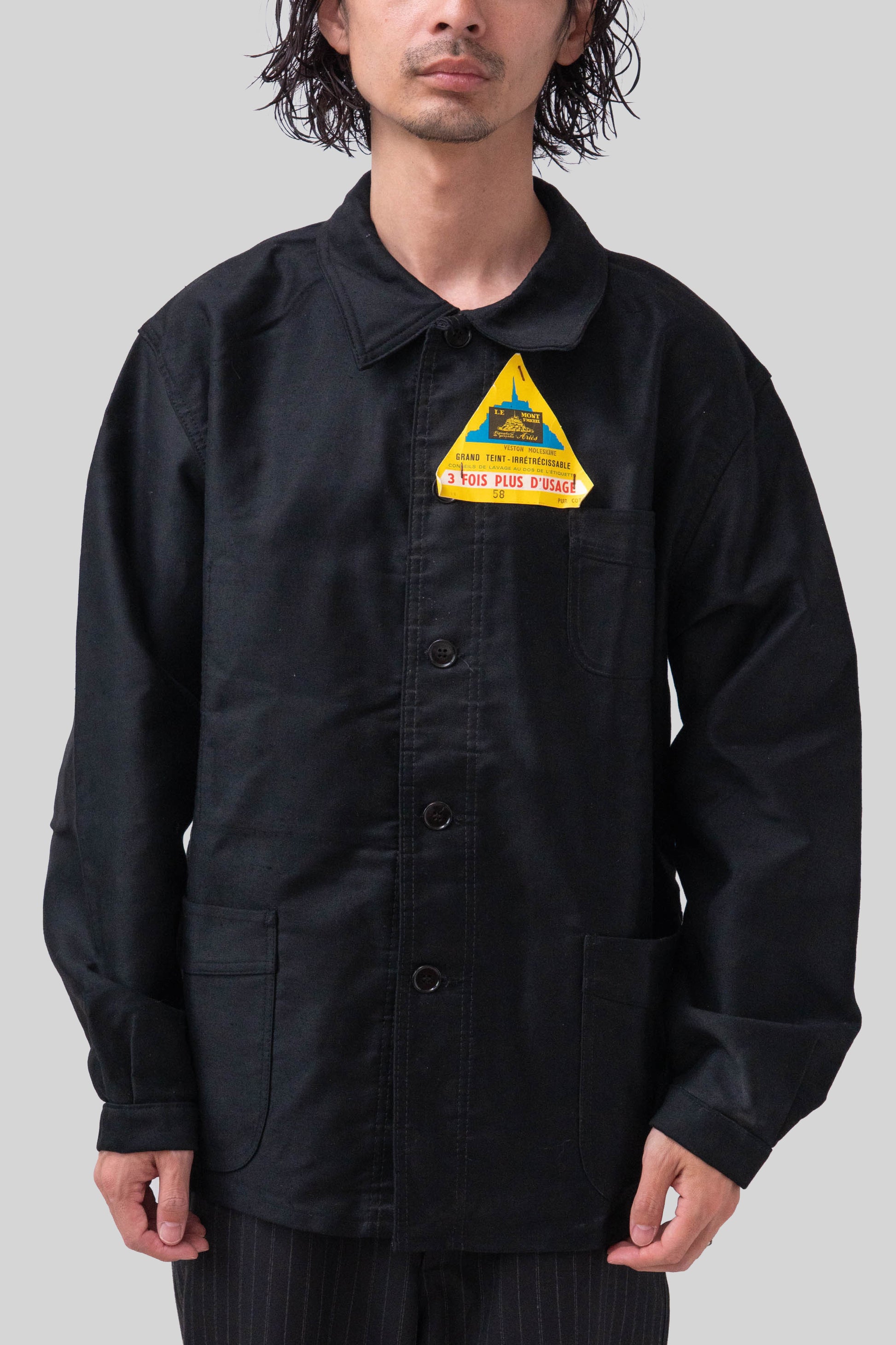 50s French Work Black Moleskin Jacket "Le Mont St Michel"size58 deadstock